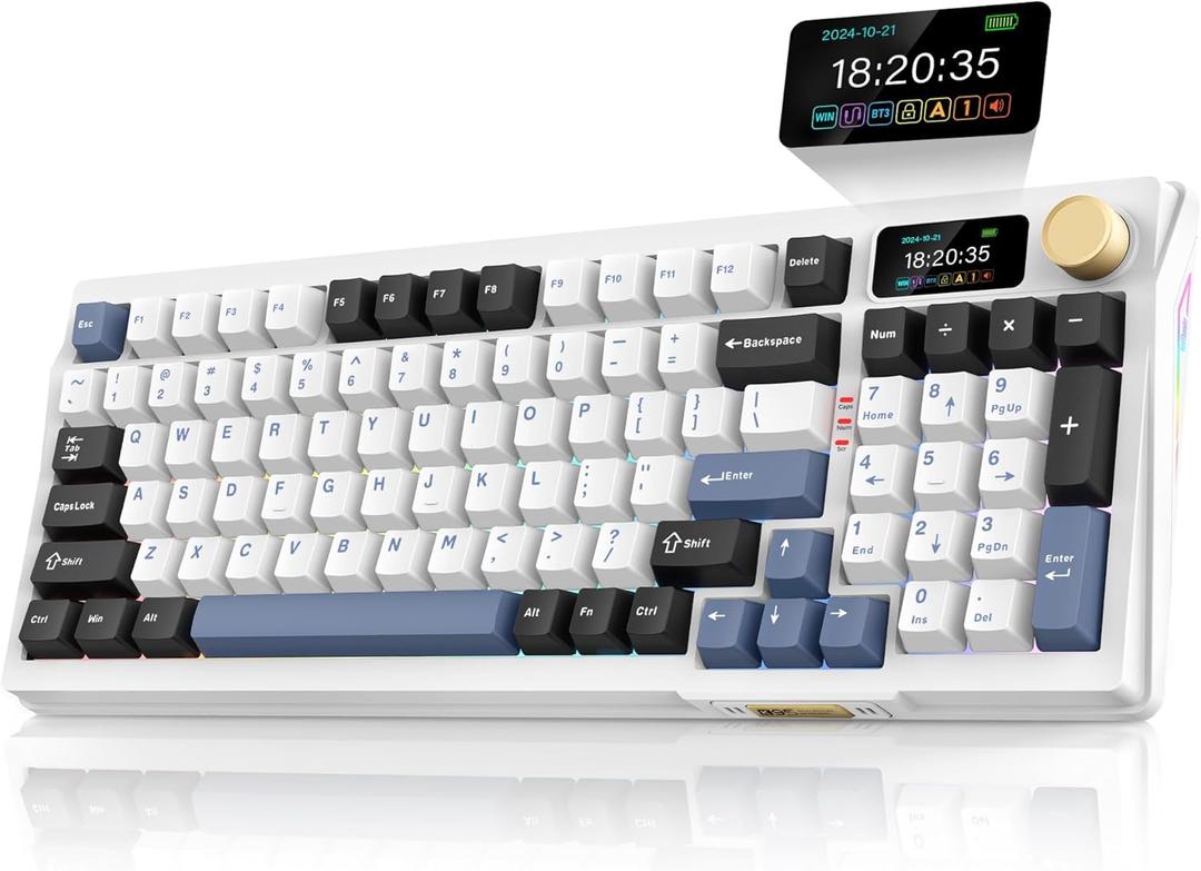 RedThunder K95 Wireless Mechanical Keyboard, TFT Screen & Knob, Tri-Mode BT5.0/2.4GHz/USB-C Hot Swappable Custom, Pre-lubed Linear Switches, Gasket Structure, RGB Gaming Keyboard, Snowy White-Blue