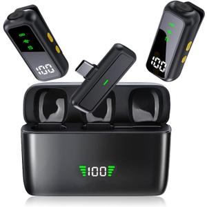 Wireless Lavalier Microphone for iPhone/Android, Noise Reduction, USB-C Plug and Play Mini Lapel Mic Clip on Microphone Wireless 2 Pack, Ideal for Content Creator, Video Recording, Vlogging, Streaming