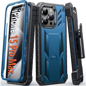 FNTCASE for iPhone 15-Pro-Max Phone Case 6.7", Built-in Screen Protector & Kickstand & Belt-Clip Heavy Duty Military Grade Shockproof Protection Rugged Case - Blue