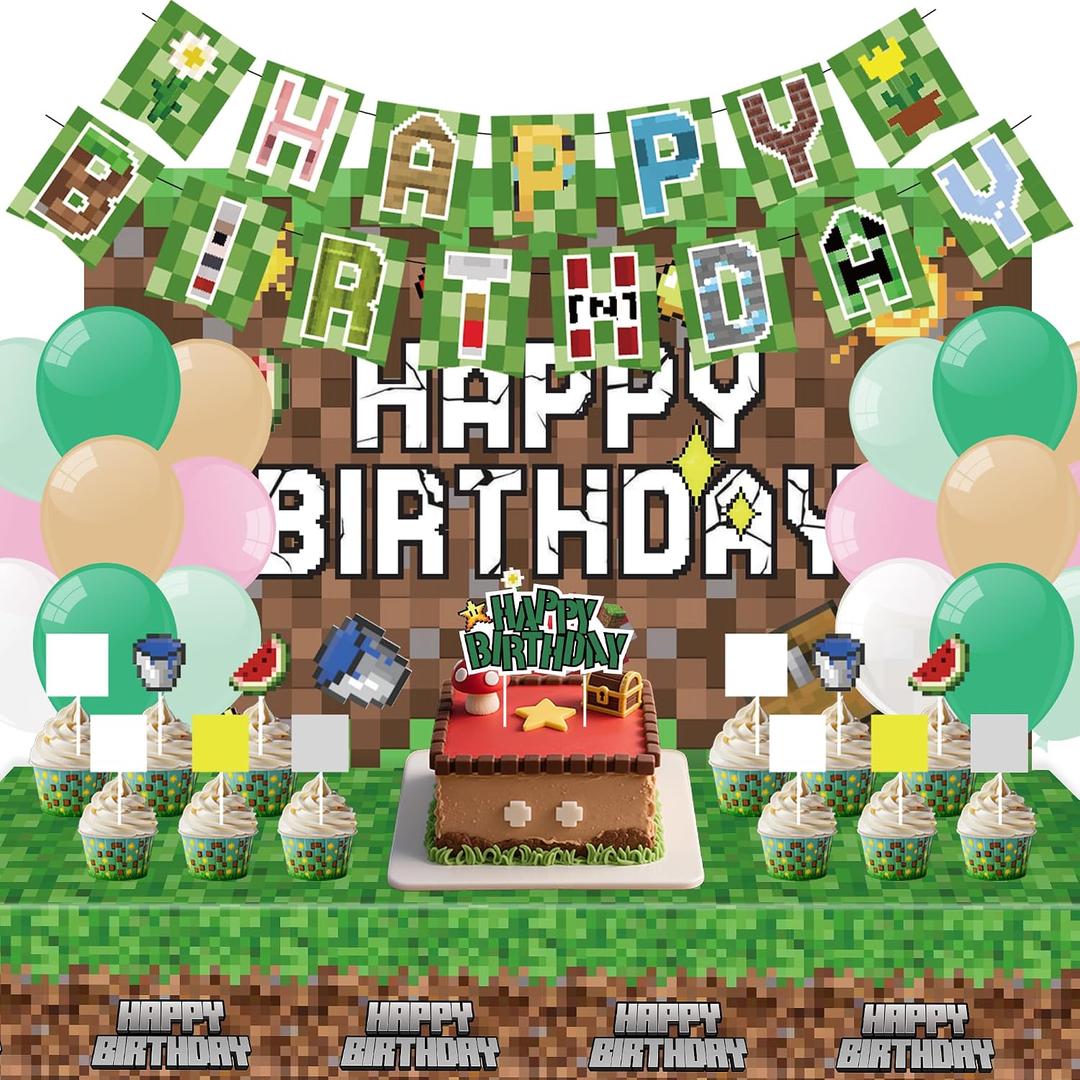 Pixel Birthday Happy Party Decorations - Pixel Theme Supplies Set Including Banner Balloons Tablecloth Cake Topper Cupcake Toppers Birthday Sign Party Decor Supplies for Kids, Boys, Girls