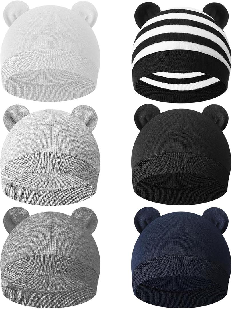 6 Pcs Baby Newborn Bear Ears Hats, Newborn Toddler Soft Beanie Hat for Unisex Infant Boys Girls 0-24 Months Soft Breathable Cute Bear Caps for Dolls Pets, 6 Styles