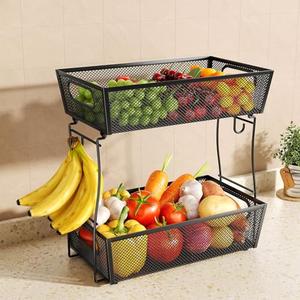 2 Tier Fruit Basket Bowl for Kitchen Counter with 2 Banana Hangers, Countertop Metal Mesh Basket Stand Fruit Holder for Veggies Onion Potato Bread Snack, Black