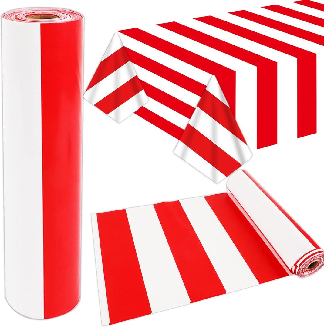 100Ft Long Tablecloth Roll Red and White Striped Tablecloth Carnival Circus Tent Party Supplies Halloween Christmas Plastic Picnic Table Cover for Birthday Party Circus Backdrop Banner Decoration