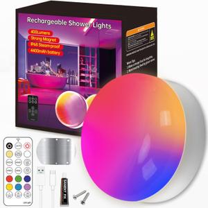 Magastar IP68 Rechargeable Shower Lights with Remote, 4400mAh Long Battery Life,400 LM,3CCT White & 16 RGB Colors,3 Timers,Waterproof Inside Shower Lamp or Bathroom, Bedroom, Party Mood Lighting