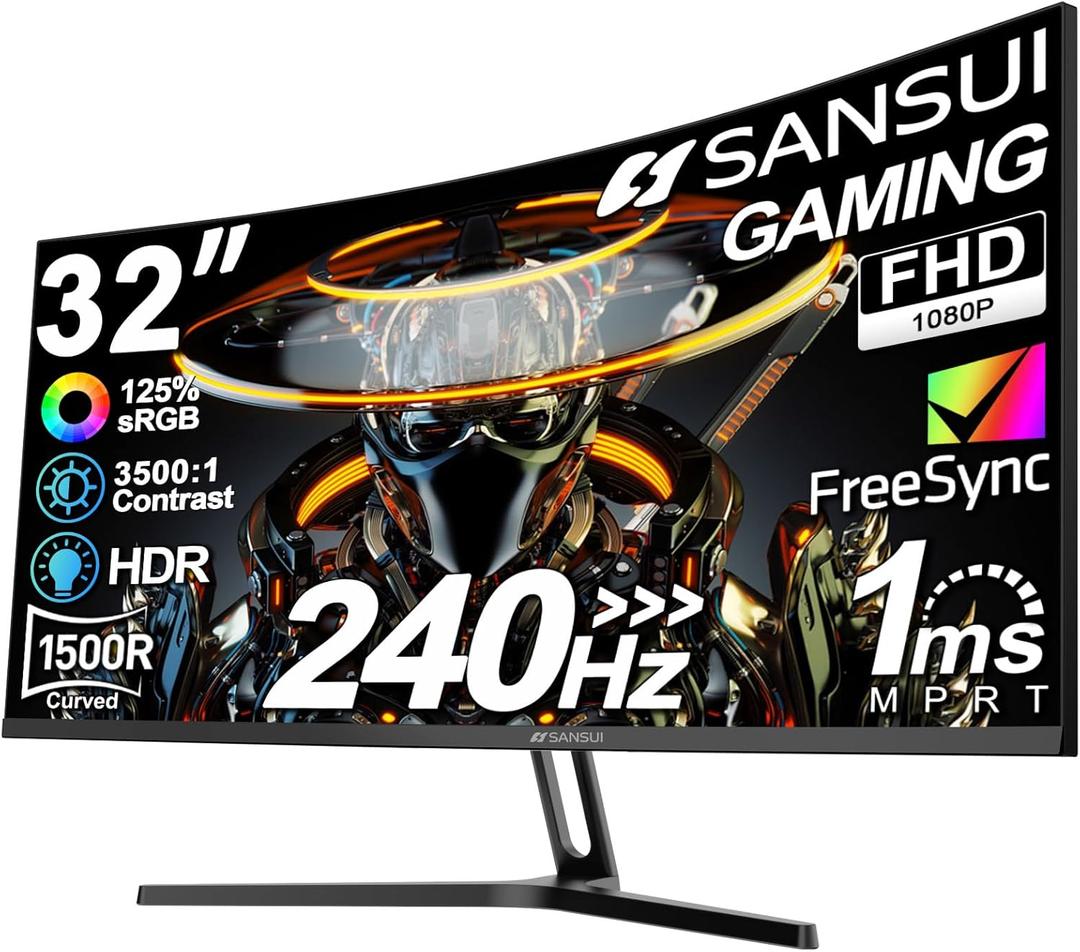 SANSUI 32 Inch Curved 240Hz Gaming Monitor High Refresh Rate, FHD 1080P Gaming PC Monitor HDMI DP1.4, Curved 1500R, 1Ms MPRT, HDR,Metal Stand,VESA Compatible (DP Cable Incl.)