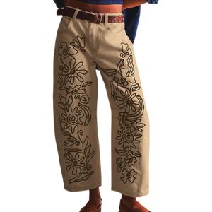 Embroidered Jeans for Women Barrel Pants Baggy Jean Y2k Boyfriend Cheetah Print Mid Rise Denim Ankle Pants (Large, Khaki2)
