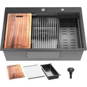 33inch Drop In Kitchen Sink Metal Black - Feibus 33x22x10 Sink with Double Step Workstation 16 Gauge Honeycomb Embossment Stainless Steel Single Bowl