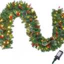 Joiedomi 9FT Christmas Garland Prelit with 50 Count String Lights, Bristle, Pine Cones, Holly Berries for Outdoor & Indoor Winter Christmas and Holidays Decorations, Plug in Lighted Pine Garland