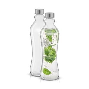 JoyJolt Glass Water Bottles  2pc Set, 32 oz/1 Liter, Clear Glass with Stainless Steel Lids, Leakproof, Ideal for Juicing or Iced Tea