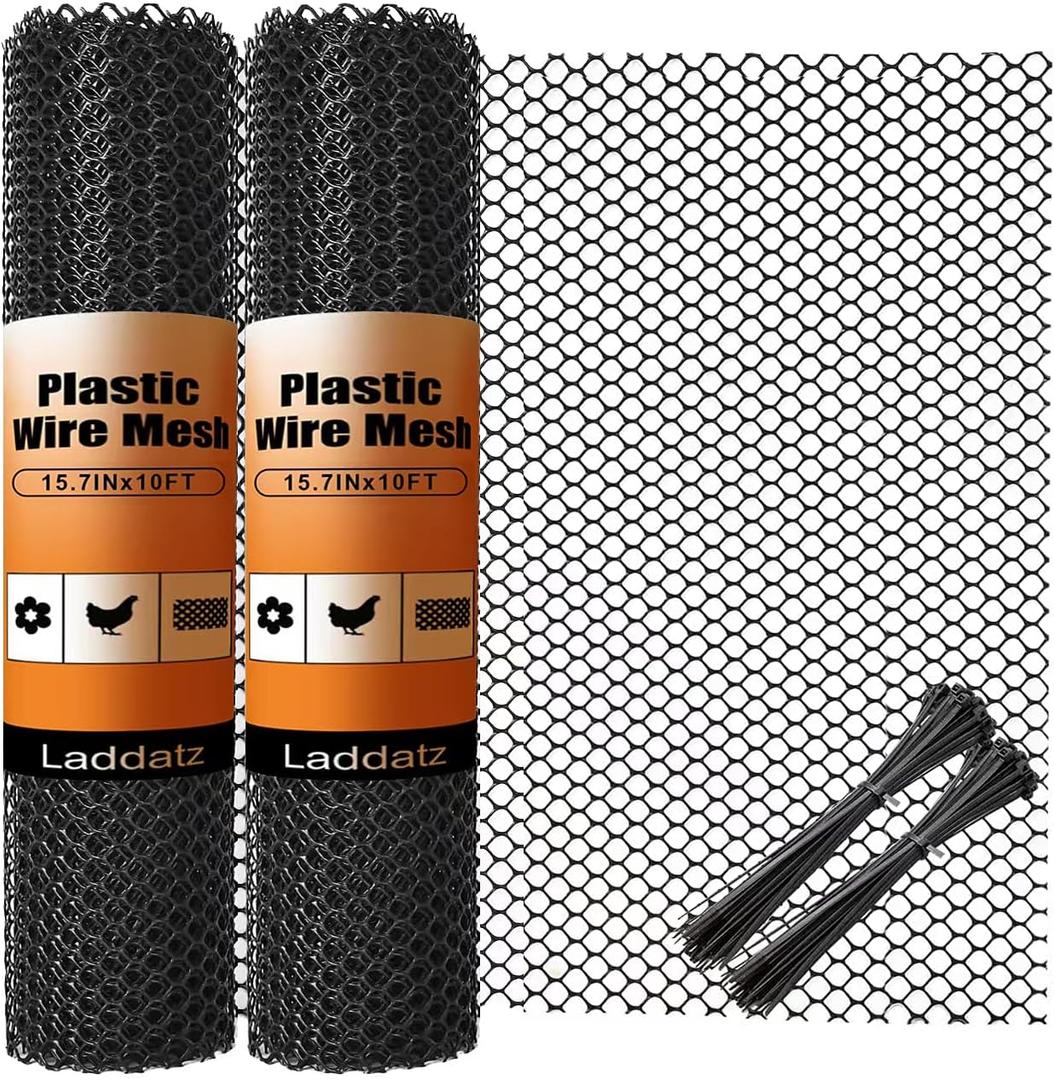 2-Pack Plastic Chicken Wire Mesh - 15.7 in x 10 ft Black, Plastic Wire Mesh Fence for Dogs, Cats & Poultry - Garden Netting & Animal Barrier, Balcony Netting for Pets - Laddatz