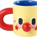 Clown Ceramic Mug, 10 oz Yellow Funny Face Coffee Cup with Blue Interior & Red Handle