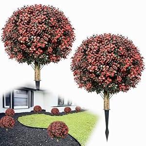 Set of 2 Artificial Boxwood Topiary Trees Outdoor, 24.5'' Red Fake Ball Tree Bushes with Spikes, Faux Plants UV Resistant Evergreen for Home Indoor Pathway Porch Garden Yard Decor