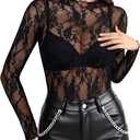 Buauty Women's Lace Long Sleeve Tops, Mock Neck Sheer Mesh Top, See Through Floral Lace Tops, Party Club Night Blouse Shirts, Medium