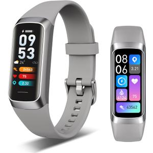 Fitness Tracker, 24/7 Heart Rate Blood Oxygen Blood Pressure Body Temp Monitor Sleep Calorie Tracker with 1.1" AMOLED Touch Color Screen Pedometer Smart Watch Waterproof for Women Men (Silver Gray)