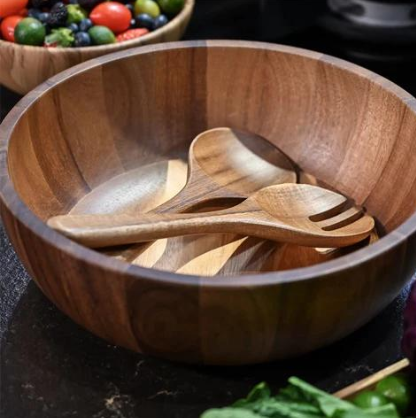 SullyHÔME 12" Acacia Wood Salad Bowl with Serving Spoons