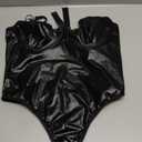 Women's Sexy Strappy Faux Leather Bodysuit Babydoll One Piece Teddy Lingerie V Neck Outfit Choker with Chain Detail, Large