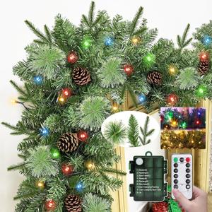 Realistic-Feel PE & 3 Mixed Lifelike Branches-9 Ft by 12 Inch Prelit Norfolk Pine Christmas Garland Remote 50 Warm White&Colored Light,280 Branches&Cedar Garland &Red Berry Pinecone,Xmas Garland Decor