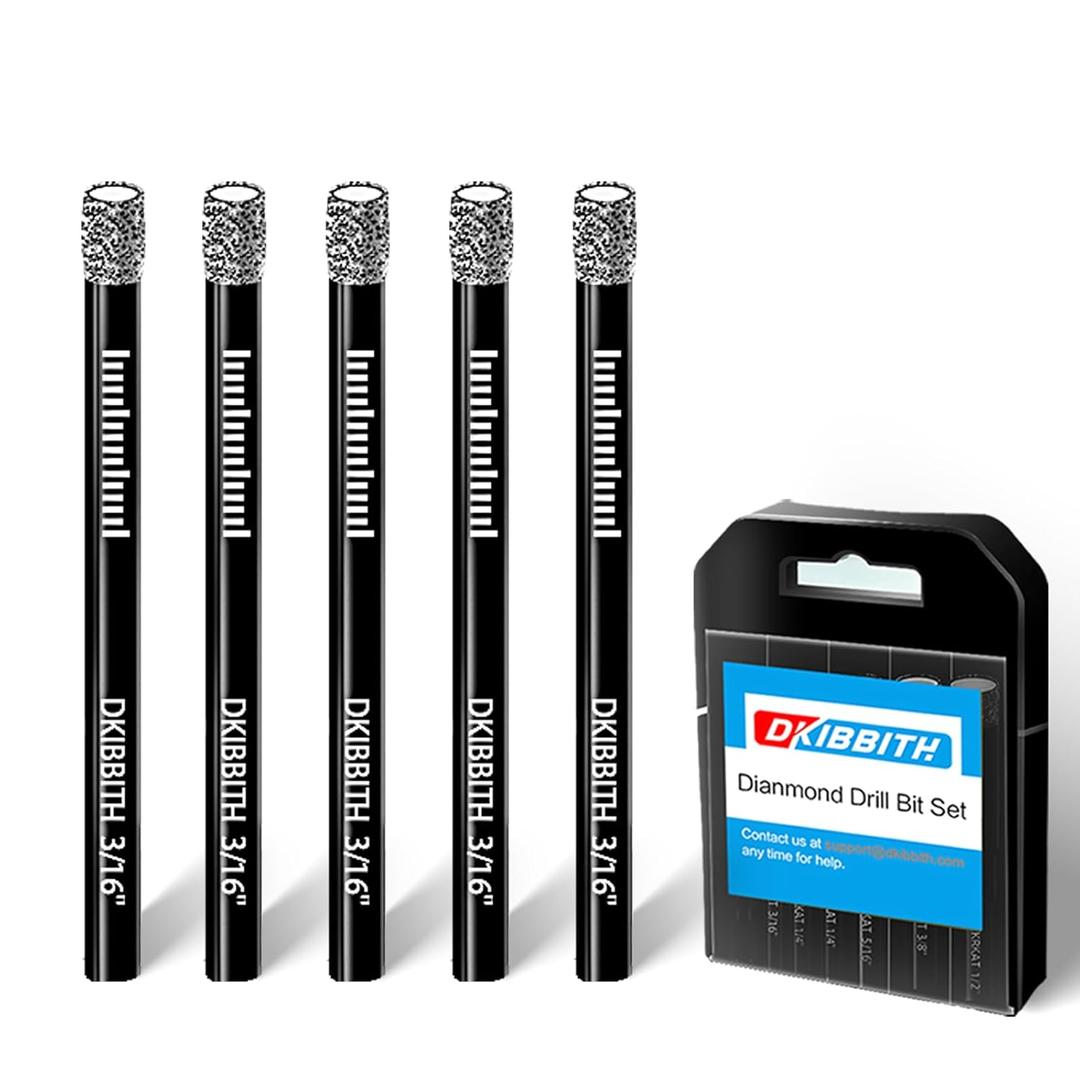 5Pack 3/16" Dry Diamond Drill Bits Set, 5mm Tile Drill bits for Ceramic Porcelain Marble Granite Tile Stone Glass Brick, Integrated Coolant for Fast Dry Drilling, Round Shank, with Storage Case