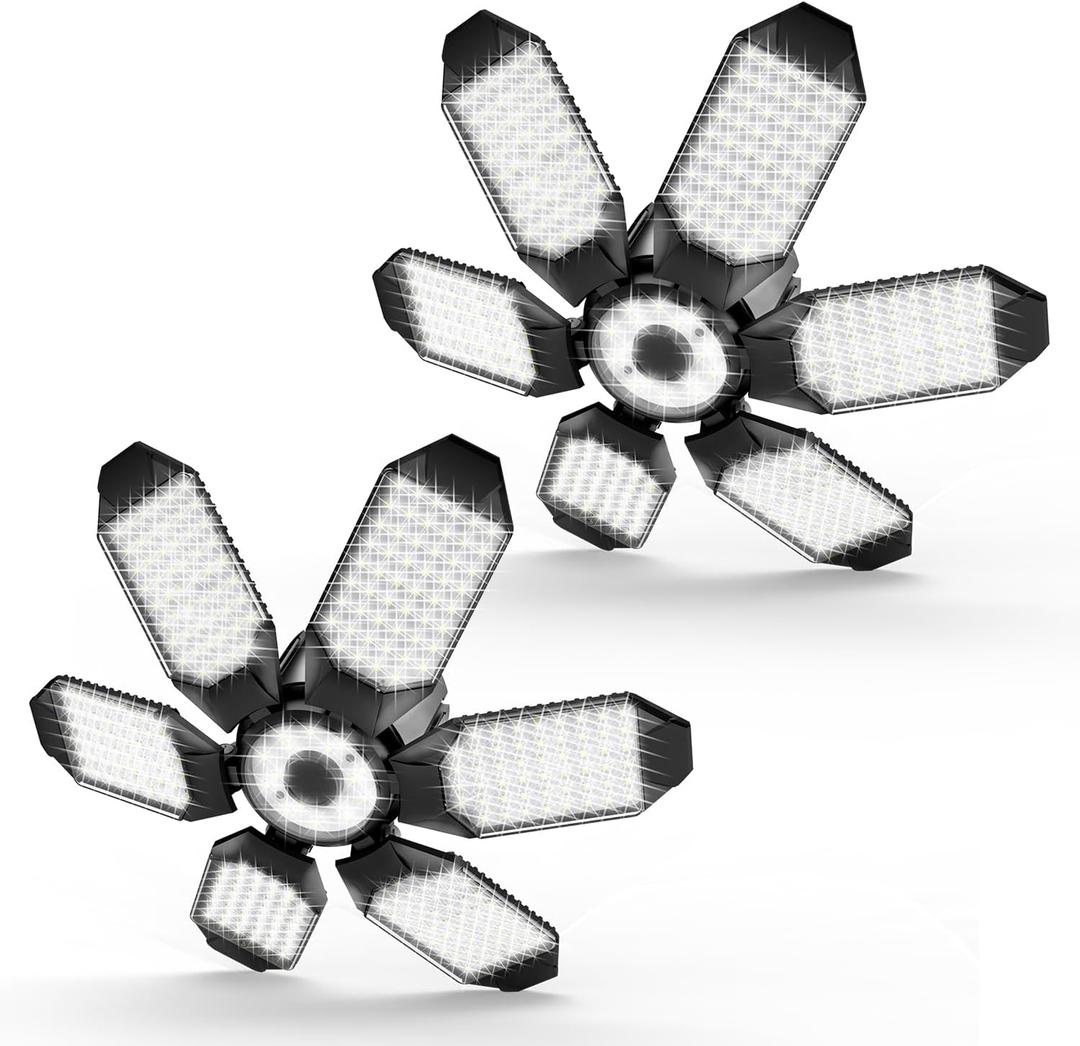 Garage Lights - 2Pack Super Bright 32000LM LED Garage Ceiling Light 6500K LED Shop Light w/ 6 Deformable Panels Screw in E26/E27 Socket Light Bulbs for Workshop Storage Warehouse Attic