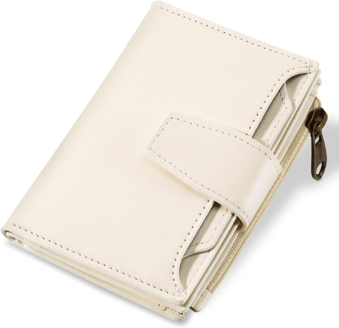 Airkit Small Wallet Women RFID Blocking Soft Leather Bifold Compact Card Holder Wallet for Women with Zipper Coin Pocket 4 ID Window (Off White)