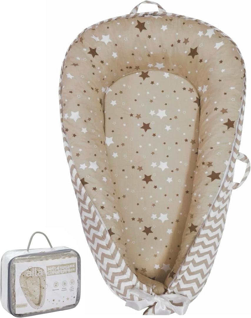 Aila+Aiden Baby Lounger | Organic Cotton Infant Lounger | Reversible, Adjustable & Portable Floor Lounger | Supervised Use | Soft, Breathable, Washable Cover- Star Collection (Tan)