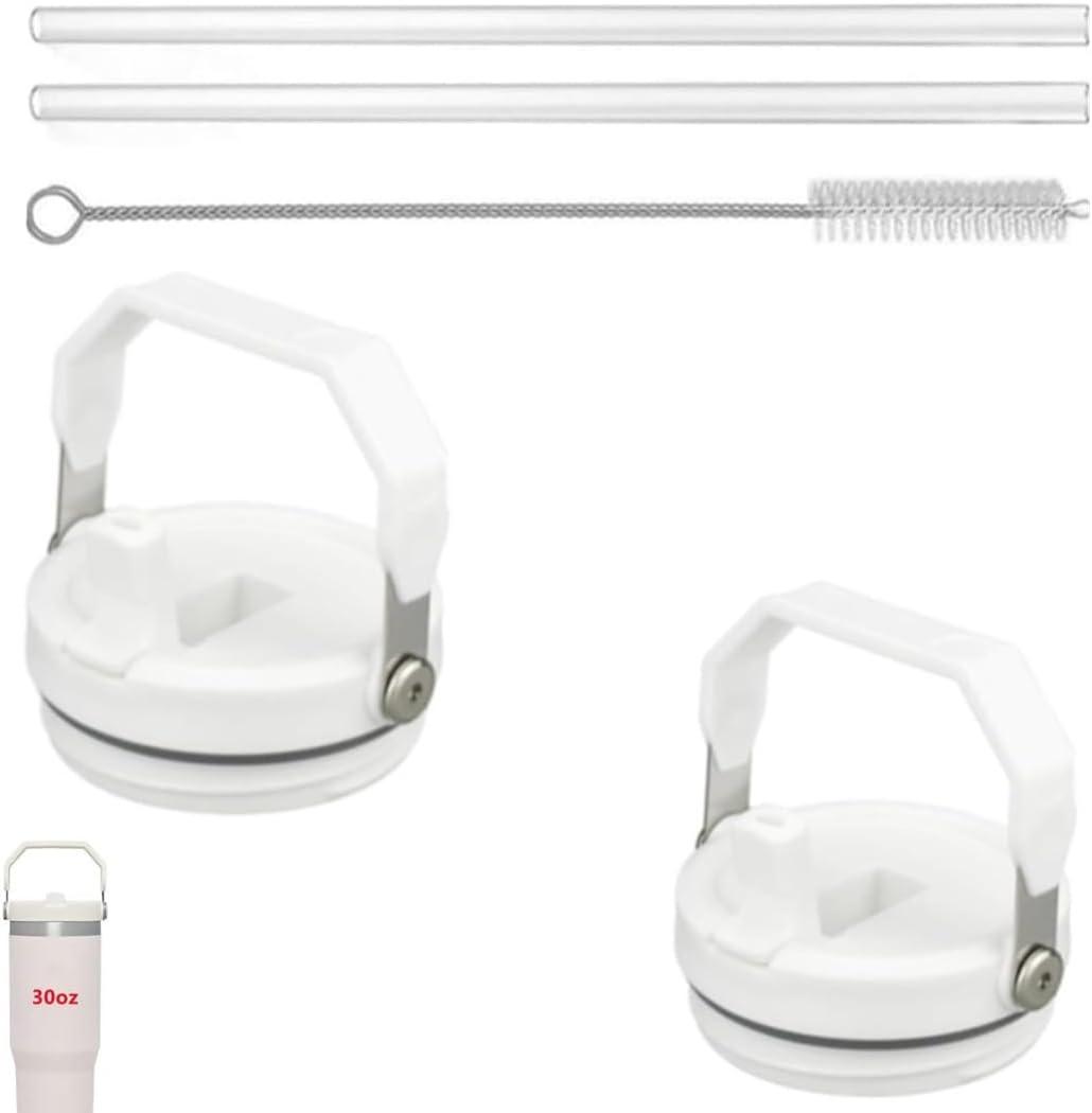 2Pack Replacement Tumbler Lid Fit for Stanley IceFlow 30 oz(Only) Flip Straw Lid, with 2Pcs Reusable Straws,1Pcs Cleaning Brush (White)