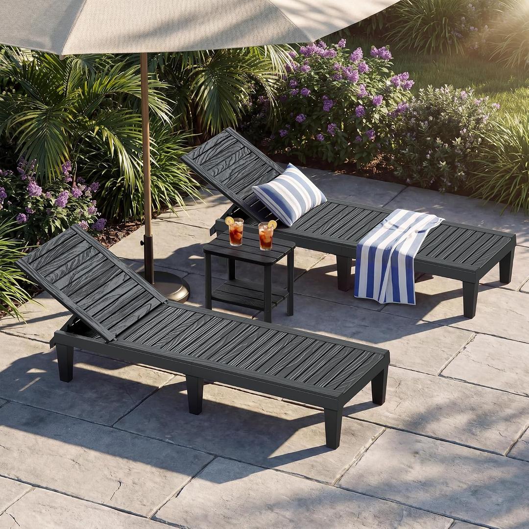 Outdoor Chaise Lounges, Patio Lounge Chair, Black Wood Grain, Set of 2