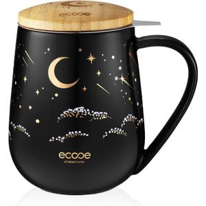 ecooe Tea Infuser Mug 20.3oz Ceramic Tea Cup with Removable Stainless Steel Infuser and Lid, 600ml Tea Mug for Loose Leaf Tea Coffee Milk, Gifts for Women Parents Friends Office Home (Black)
