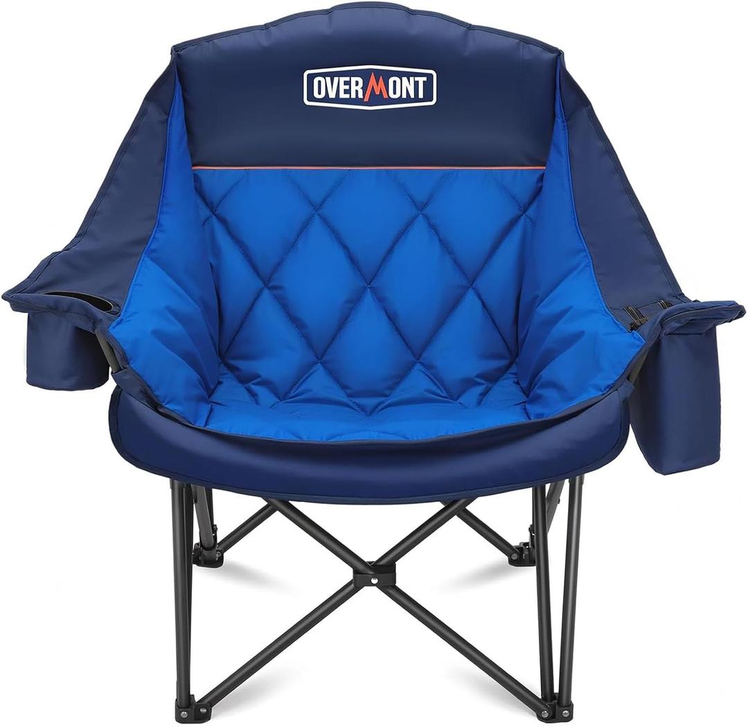 Overmont Oversized XL Camping Chair for Adults - 450lbs Support Heavy-Duty Padded Folding Chair with Side Pocket Cup Holder Cooling Bag for Outdoor Sports Garden Beach Fishing Lawn Blue