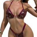 WDIRARA Women's Leopard 2 Piece Swimsuit Triangle Halter Thong Bikini Set High Cut Bathing Suit (Red, S)