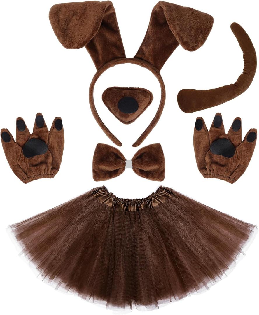 Puppy Dog Tutus Skirt Animal Costume Set Dog Ear Headband Bow Tie Paw Gloves Set for Women Halloween Cosplay, One Size