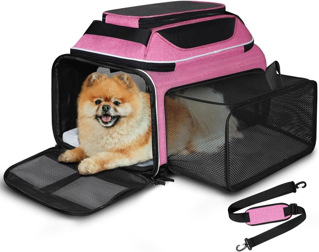 Petskd Top and Side Expandable Pet Carrier 17x11x9.5 Inches Alaska Airline Approved, Soft-Sided Carrier for Small Cats and Dogs with Locking Safety Zippers and Anti-Scratch Mesh(Pink)