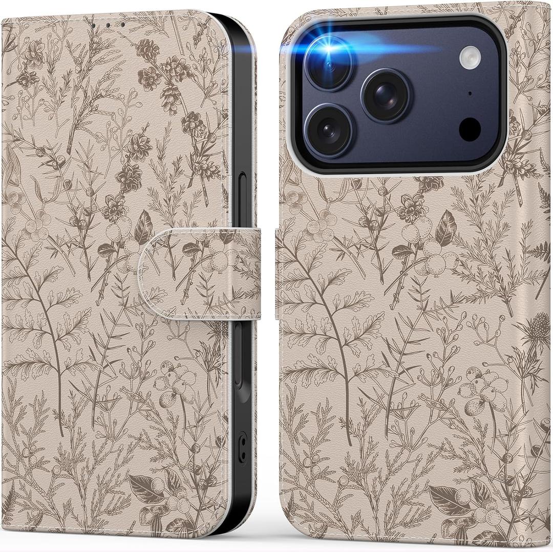 DEENAKIN for iPhone 17 Pro Wallet Case with Card Holder + Cash Clip, RFID-Blocking, Military-Grade Drop Protection, Magnetic Closure with Leather Kickstand - Serene Foliage