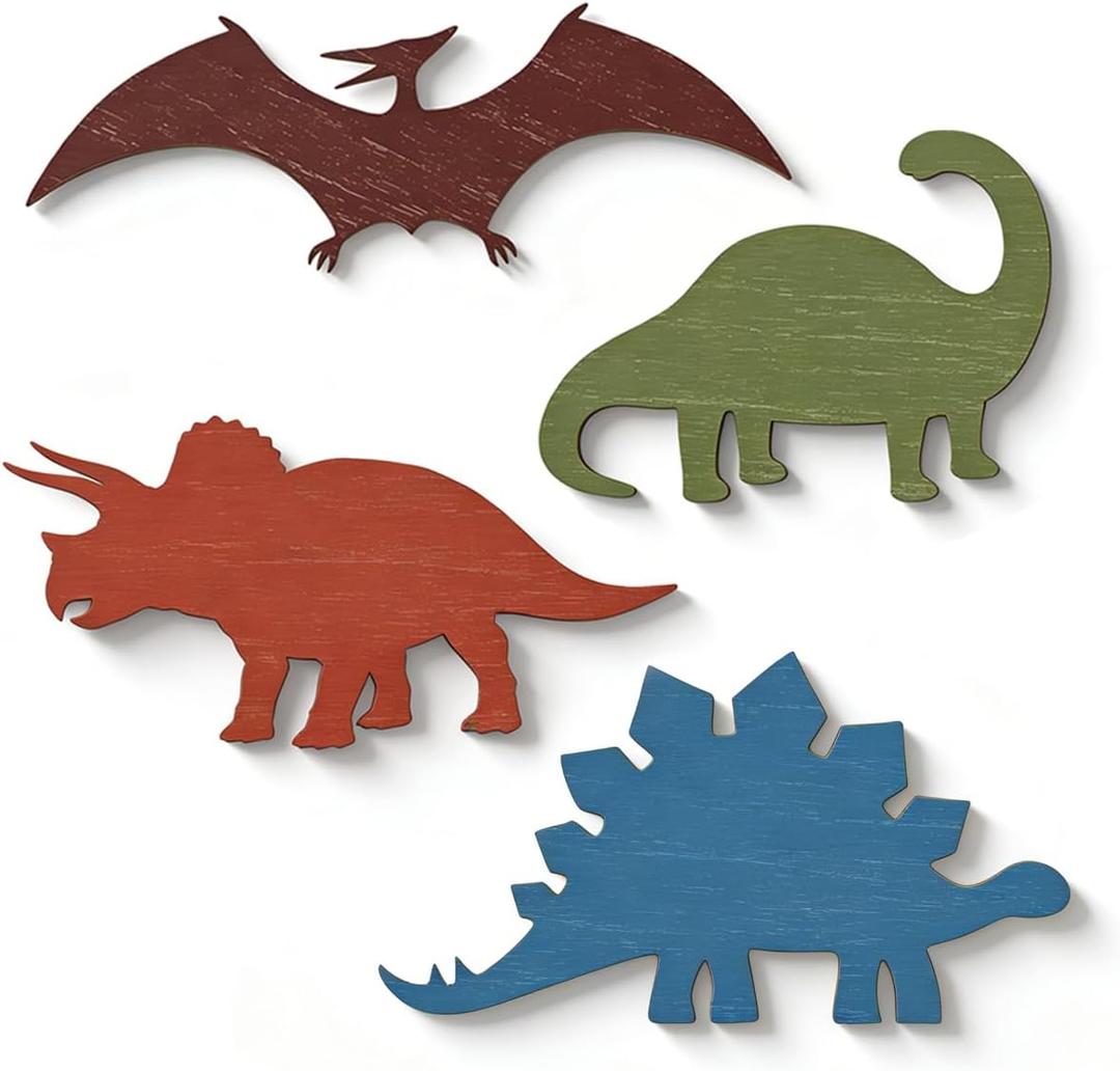 4 Pcs Dinosaur Wall Decors Wooden, Boys Dinosaurs Playroom Wall Decor, Farmhouse Dinosaur Gifts for Home Kitchen Bathroom Office Decoration, 14.17 x 5.11 inches