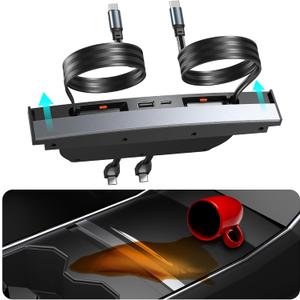 Upgrade Tesla USB Hub for Tesla Model 3&Y Waterproof - 4Ports Fast Chargr for Model Y/3 Accessories 2023 2022 2021 Retractable Docking Station, 2 Type-C Fast Charging Cables (Not Fit Model 3 2024)