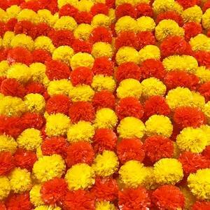 TWITTOOLS 4 Pcs Long Marigold Garland for Decoration, 5 Feet Artificial Yellow Red Marigold Flowers Indian Pooja Diwali Home Wedding Mantle Decor
