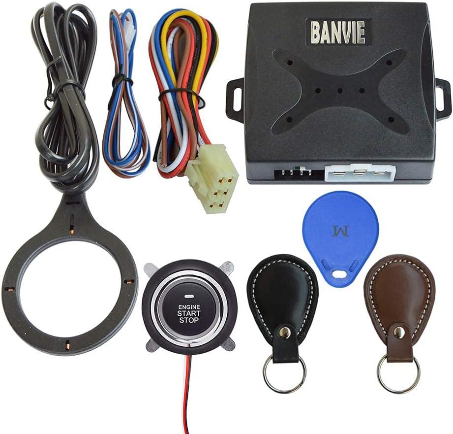 BANVIE Car RFID Push to Start Ignition Kit, Keyless Go Engine Start Stop Button System with Leather Key, Anti-Thief Double Layer Start Protection for Most DC12V Cars