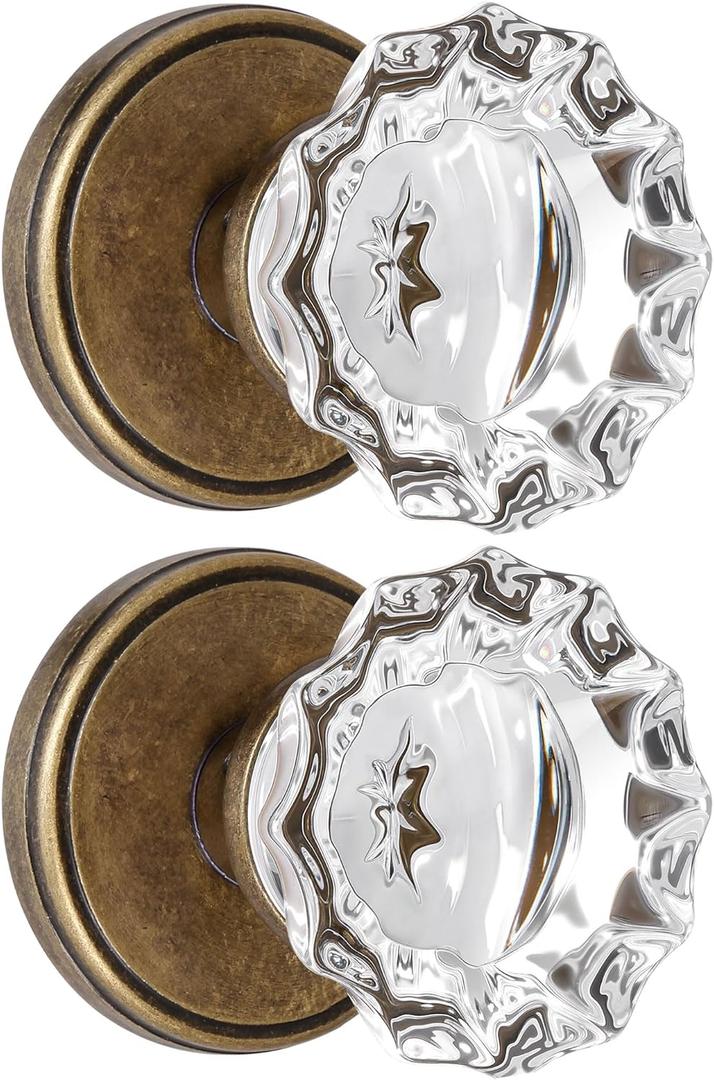 2 Pack Crystal Glass Dummy Door Knobs, Single Sided Knob for Closets, French Double Doors, and Pantry, Antique Brass Non-Turning Interior Door Knob (Aged Bronze)
