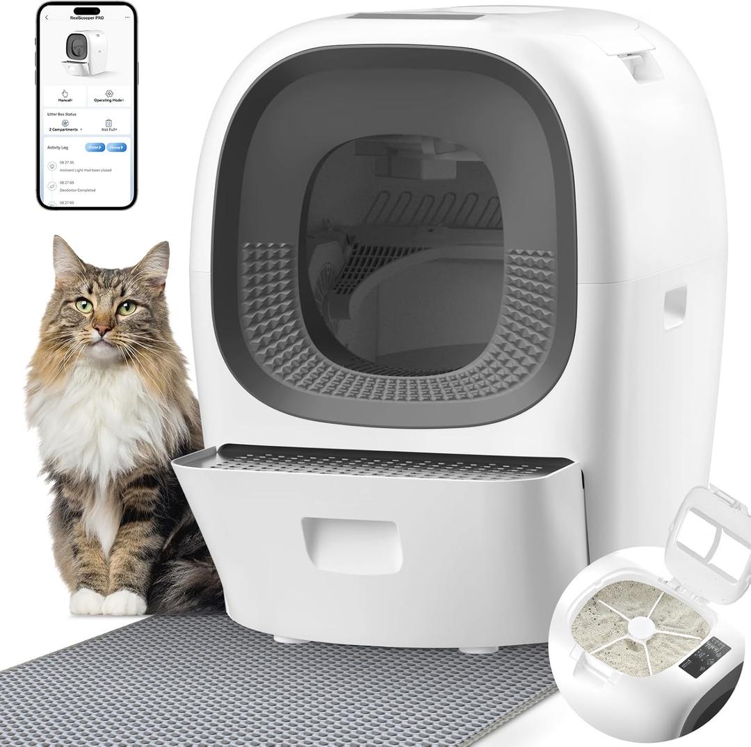 Self-Cleaning Litter Box 80L Auto Refill Self-Refilling Robot Automatic for Multiple Cats(3-20lb), Rake Design ScoopFree, 6 x Safety Sensors, Anti-Leakage, Odor Control, 5G WiFi App (
White and Grey