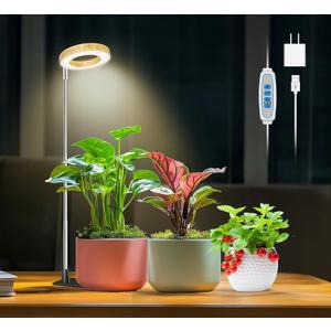 Aokrean Grow Lights for Indoor Plants, 48 LEDs Full Spectrum Plant Grow Light, Height Adjustable Faux Wood Grain Halo Plant Light with Base, 3 Optional Spectrums, Auto Timer 6/12/16Hrs, 5 Brightness