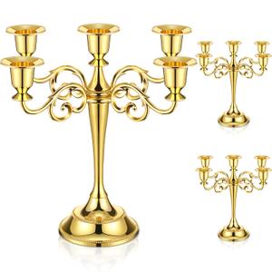 Dandat 3 Pcs 5 Arm Metal Candelabra Candlestick Holders 10.24 Inch Tall Candlestick Holders Gothic Candle Holder for Home Wedding Church Halloween Party(Gold)