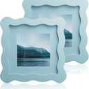 4x4 Wavy Picture Frame With Mat For 3x3, Wavy Edge Wooden Picture Frame with Real Glass - Wall Mount and Tabletop Display, Blue, 2 Pack