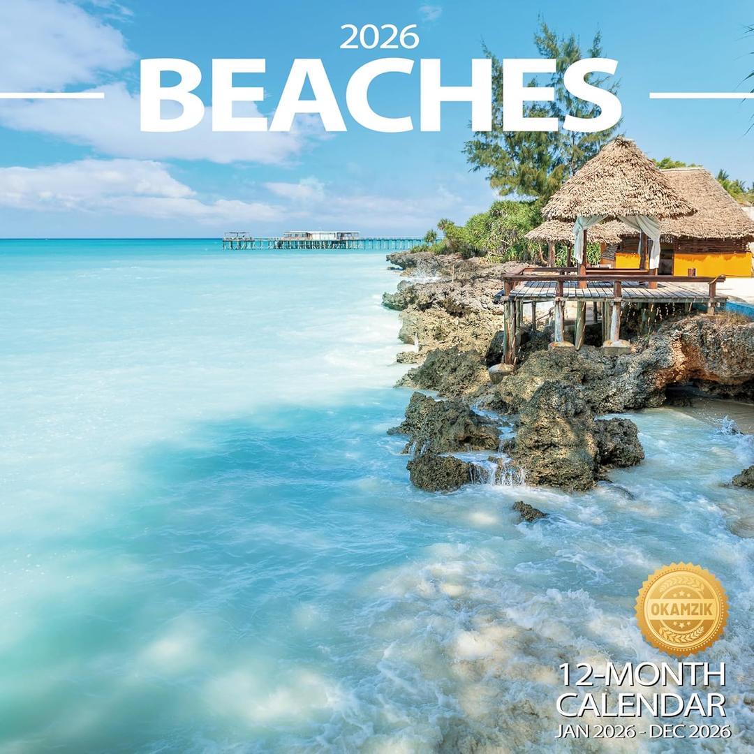 2026 Wall Calendar Planner Calendar - BEACHES Hangable Monthly Wall Calendar with Large Blocks for Organizing & Planning, Academic Schedule, Home, Office & family, Thick & Sturdy Paper (12"x24" Open)