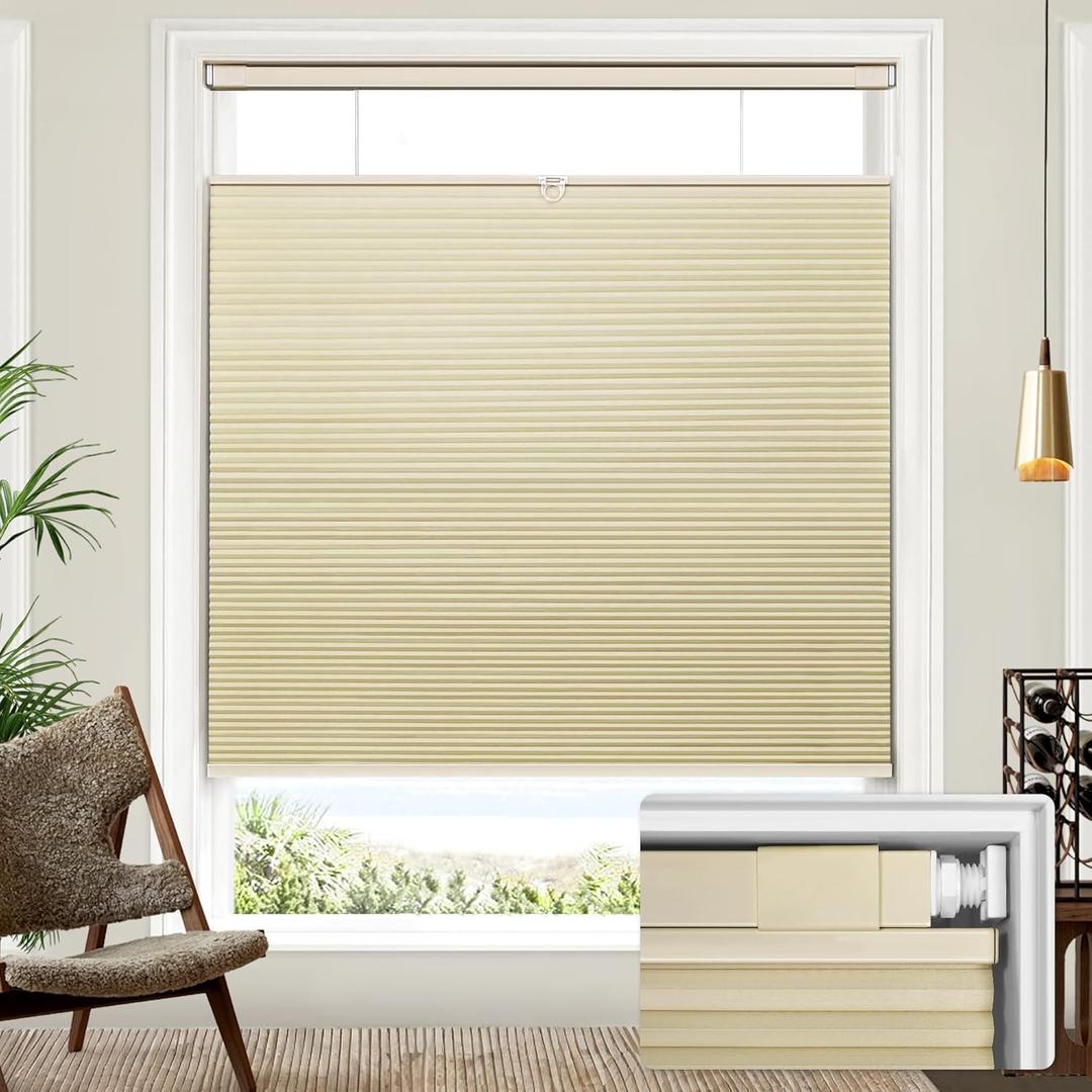 Lazblinds Upgraded Top Down Bottom Up (TDBU) Honeycomb Blinds, No Drill No Tools Easy Install Cordless Cellular Shades for Windows 36" W x 64" H, Beige - Blackout
