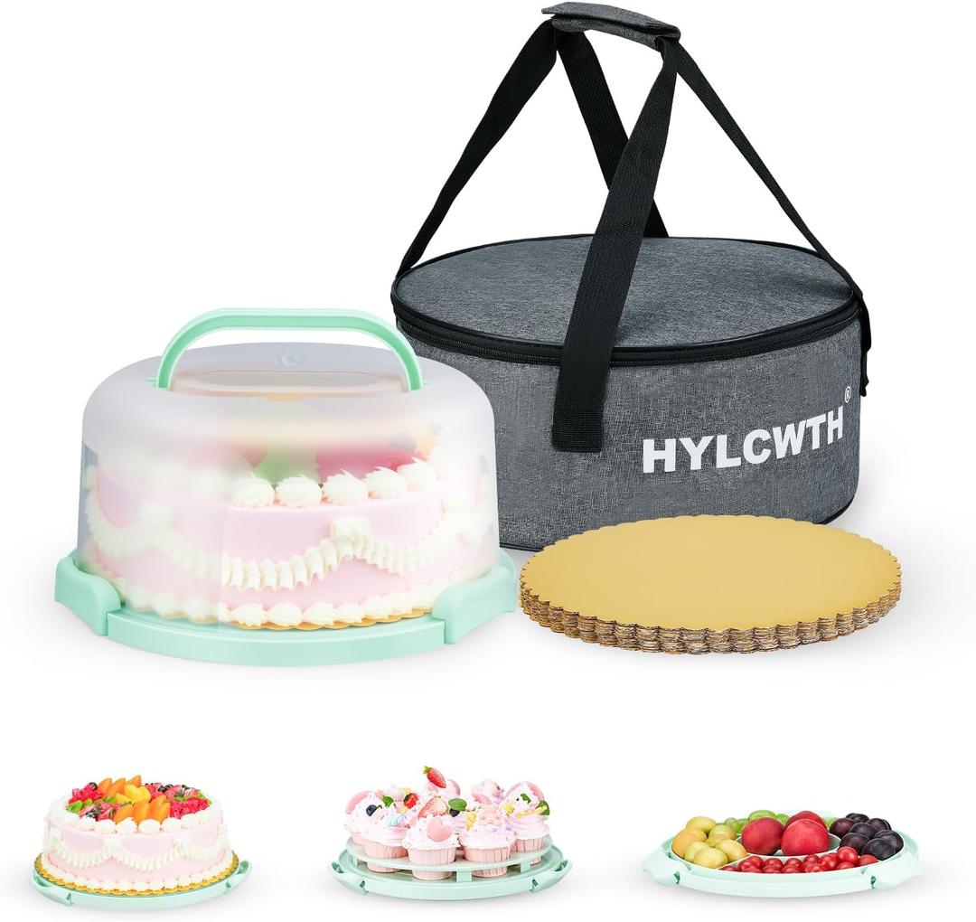 Cake Carrier With Lid And Handle, Bpa-Free Cake Holder With Lid For 10 Inch Round Cake Carrier With 10 pcs Round Golden Cake Boards And Portable Insulated Bag (Green)
