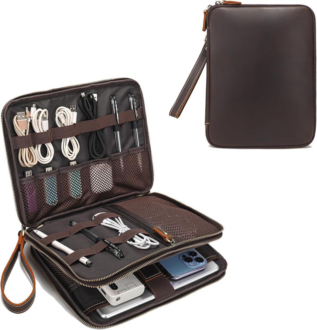 LANNSYNE Full Grain Leather Travel Cable Accessories Bag, Electronic Organizer Carry Case Double Layer Storage Case for Cables, Charger, Phone, Power Bank (Brown)