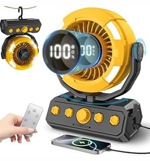 Uniqwamo Battery Powered Fan, Rechargeable Fan Portable, 180° Pivot Battery Operated Fan with Light, Timer, 360° Rotation Hanging Hook, 100 Speeds Camping Fans for Tents, Fishing, RV, Jobsite, Picnic