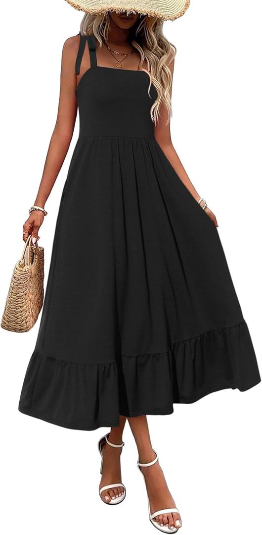 Zeagoo Women Summer Maxi Dress with Pockets 2025 Spaghetti Strap Sundress Casual Flowy Boho Dress Floral Tiered Beach Dress (Medium)