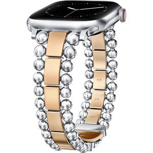 TOYOUTHS Beaded Bracelet Compatible with Apple Watch Bands 38/40/41/42/44/45/46/49mm Women, Dressy Fancy Stainless Steel Metal Elegant Jewelry Strap for iWatch Series 11 10 9 8 7 6 5 4 Ultra/SE 3 2 1 (Silver/Rose Gold)