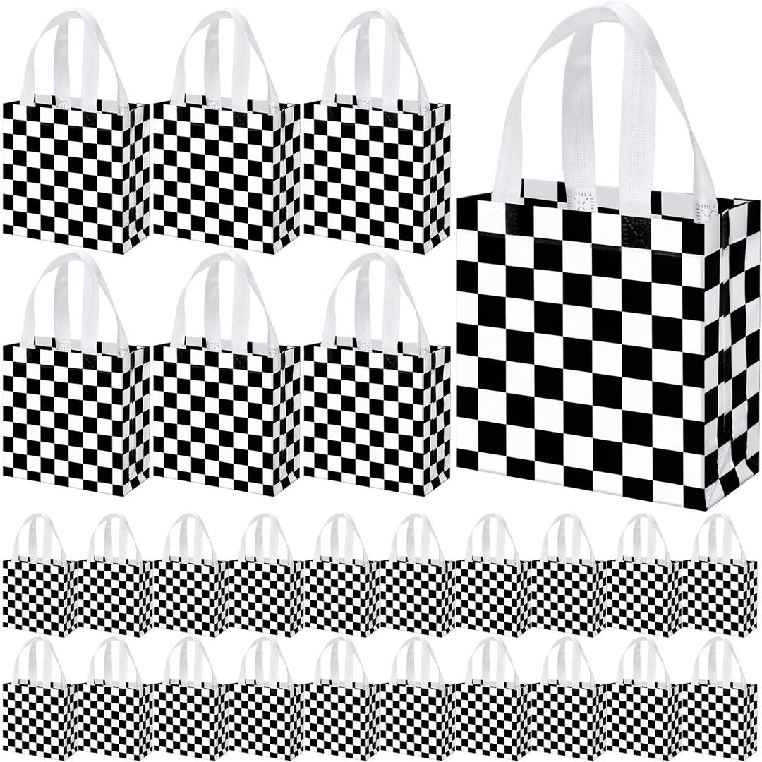 Lingvee 50 Pack Checkered Racing Gift Bag Bulk Black and White Checkered Flag Reusable Tote Bags with Handle Race Car Non Woven Candy Bags for Race Car Themed Birthday Party Decorations Supplies